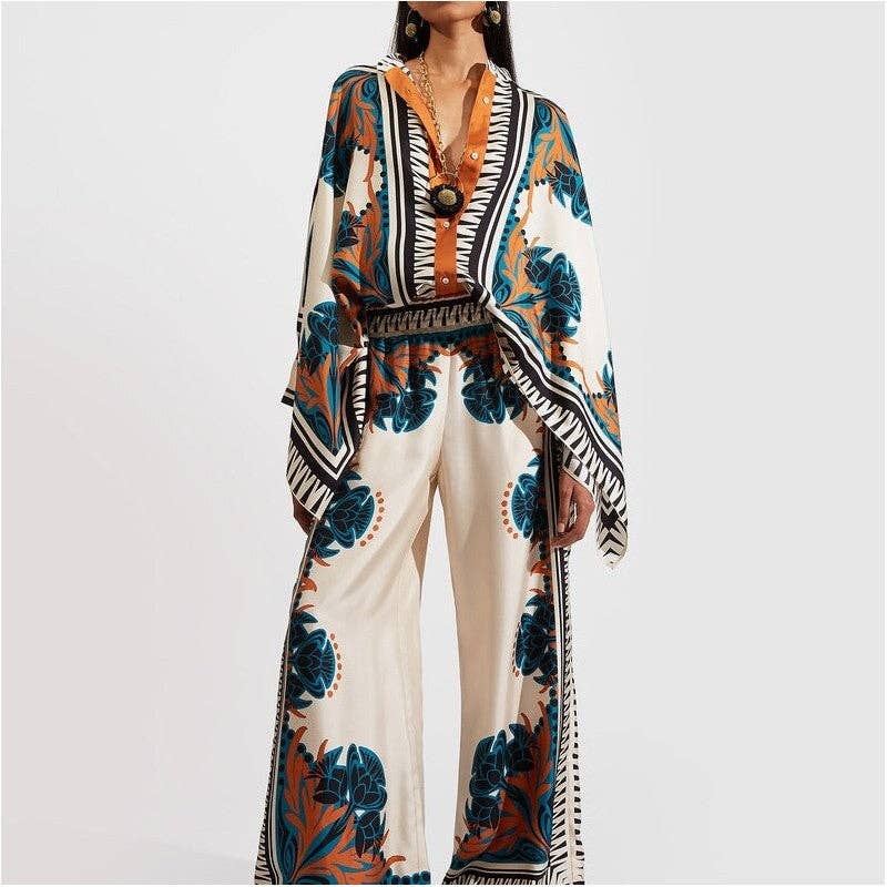 Women's printed stand collar asymmetric hem top and pant set – view 3