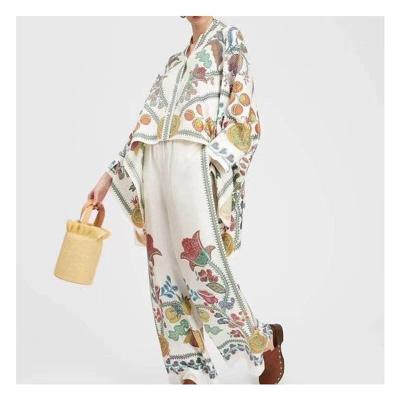 Women's printed stand collar asymmetric hem top and pant set – view 4