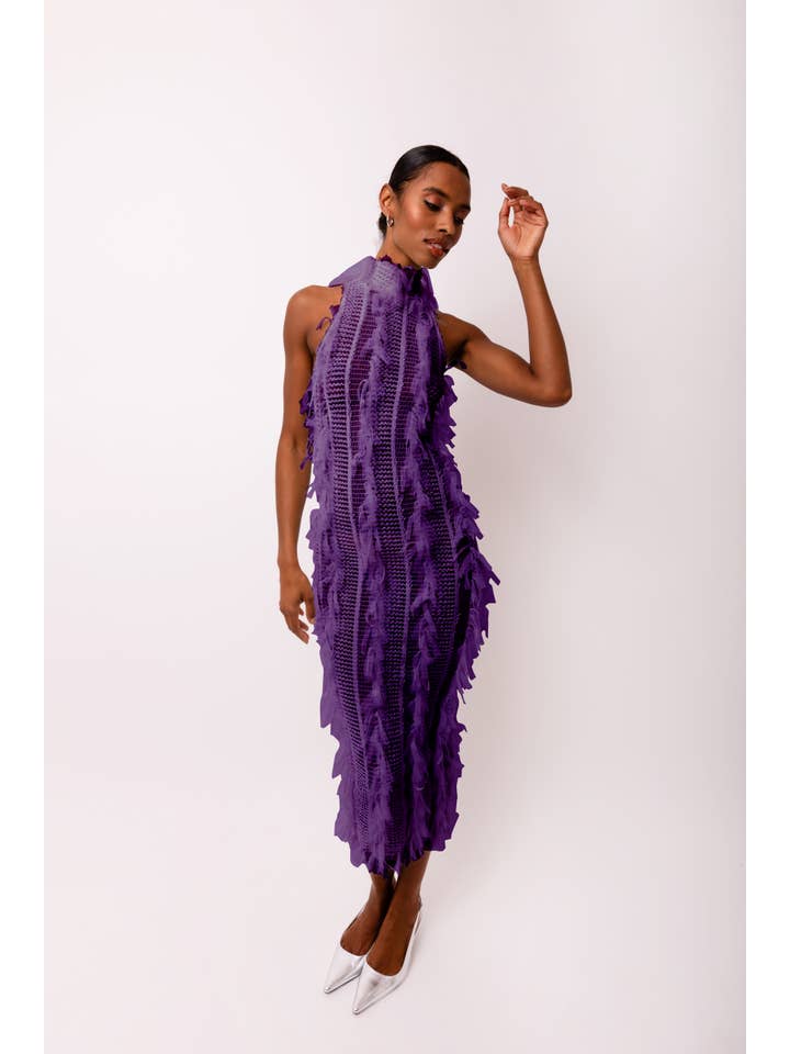 Women's Purple High-Neck Ruffle Midi Dress - view 2