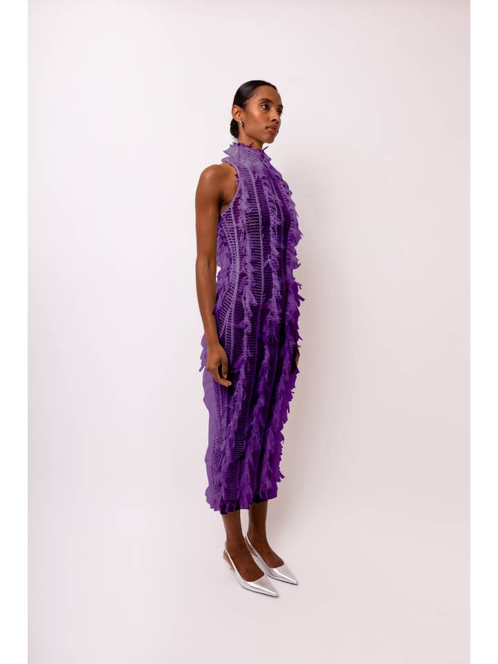 Women's Purple High-Neck Ruffle Midi Dress - view 3