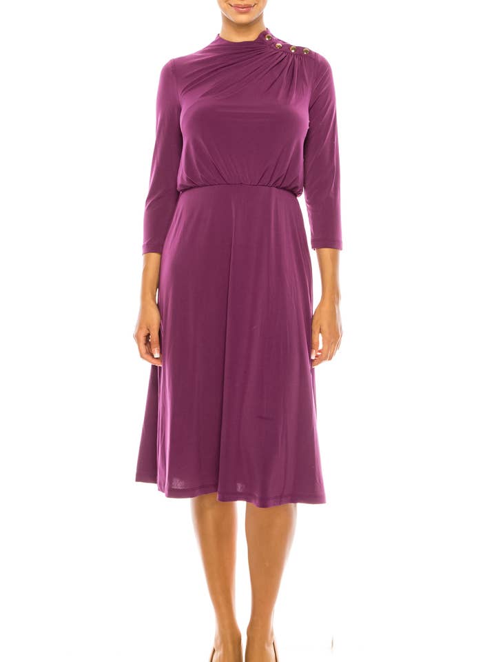 Women's Purple Three-Quarter Sleeve A-Line Midi Dress - front view