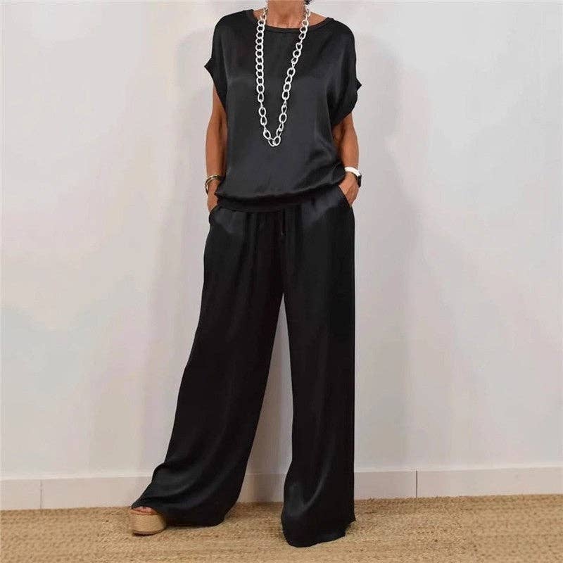 Women's brown short-sleeve raglan tee and wide-leg pant set – view 3