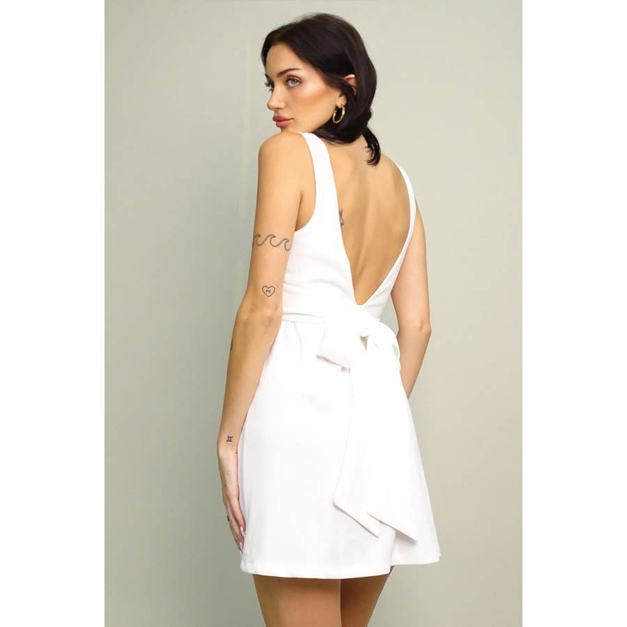 Women's ivory ruched halter V-neck bow back dress – view 4
