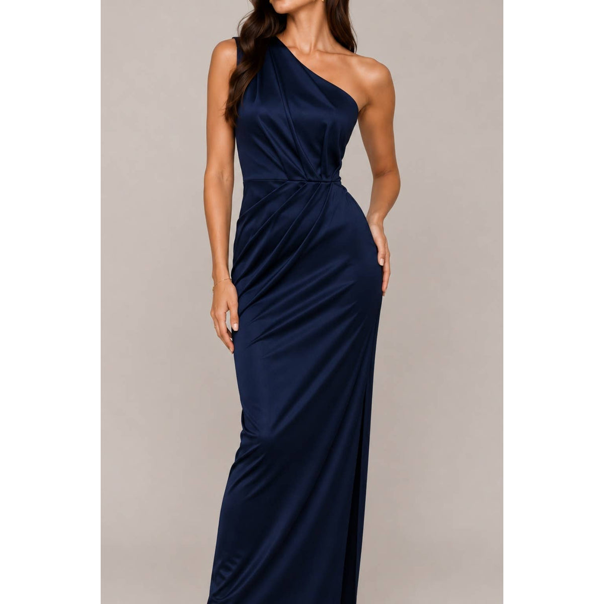 Women's navy ruched one-shoulder pleated maxi dress