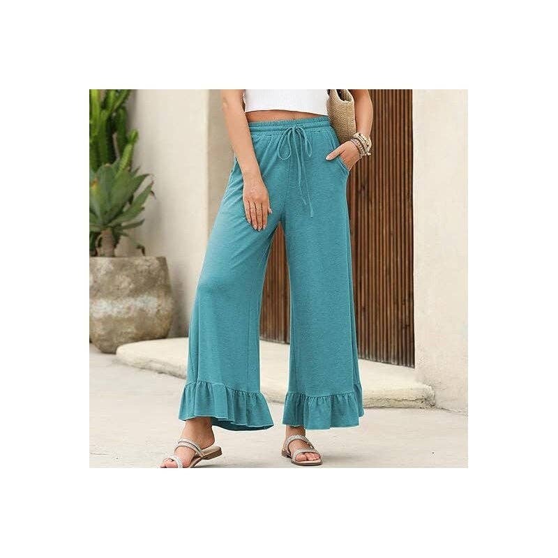 Women's malachite blue ruffle flare hem drawstring cropped pants