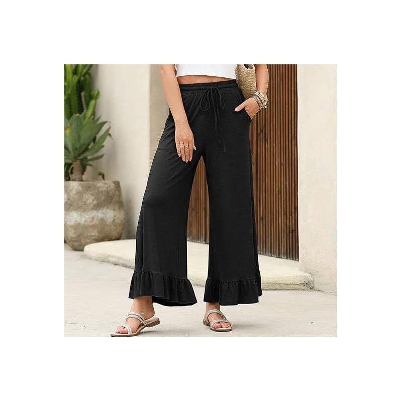 Women's malachite blue ruffle flare hem drawstring cropped pants – styled view