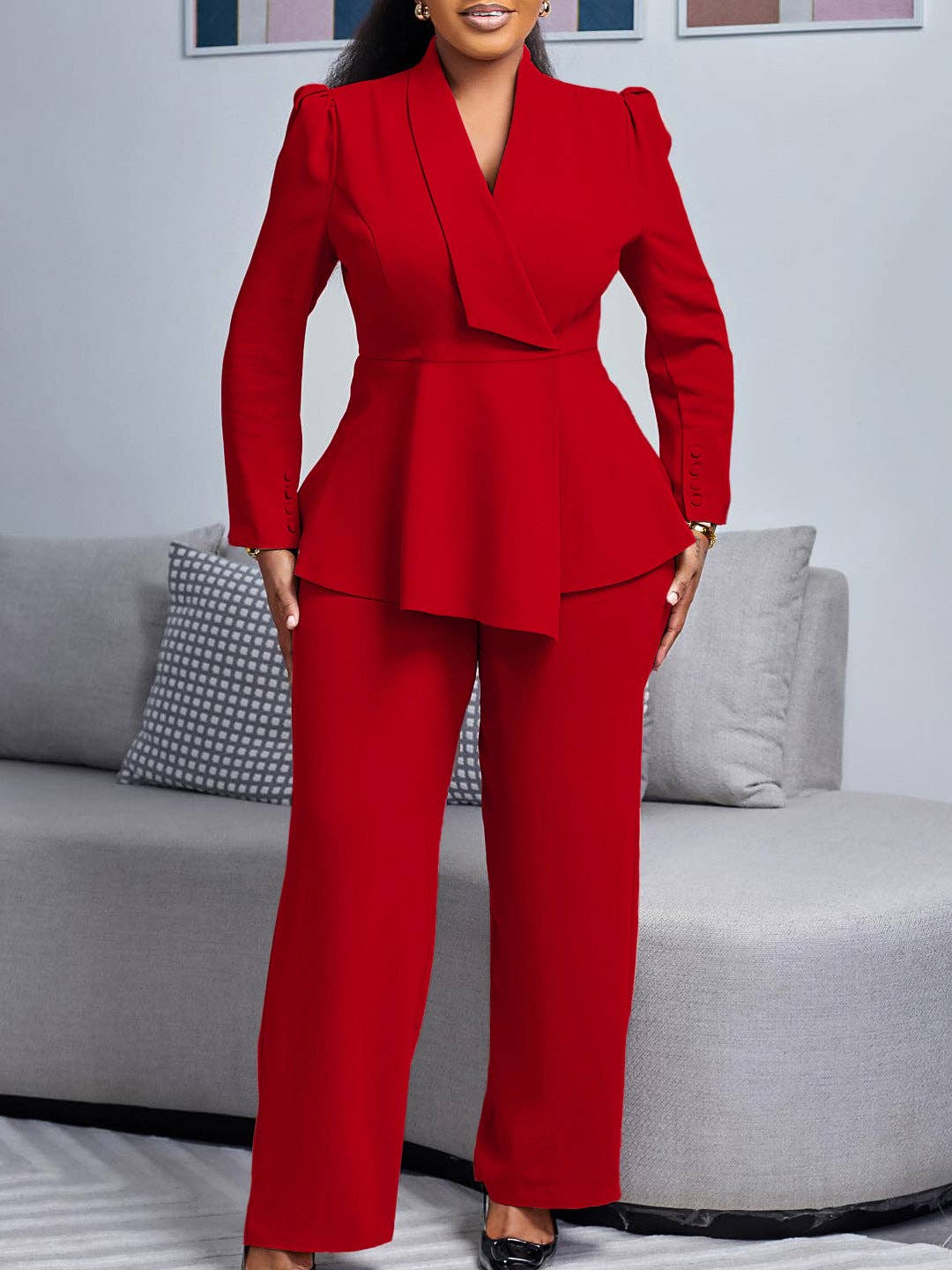 Women's khaki ruffle long sleeve top and wide leg pants set, view 4
