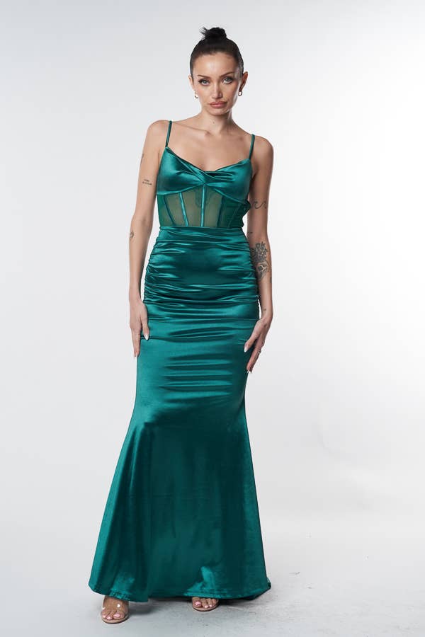 Women's hunter green satin mesh corset sweetheart maxi dress with train – view 3