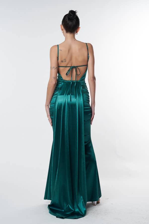 Women's hunter green satin mesh corset sweetheart maxi dress with train – view 4