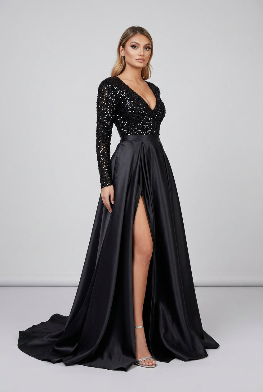 Women's black sequin deep V-neck long sleeve slit maxi gown