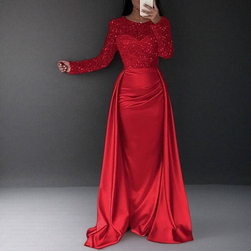 Women's red sequin long sleeve round neck maxi evening gown