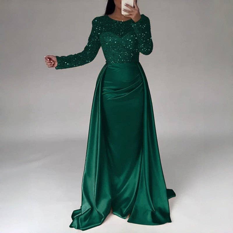 Women's red sequin long sleeve round neck maxi evening gown – styled view