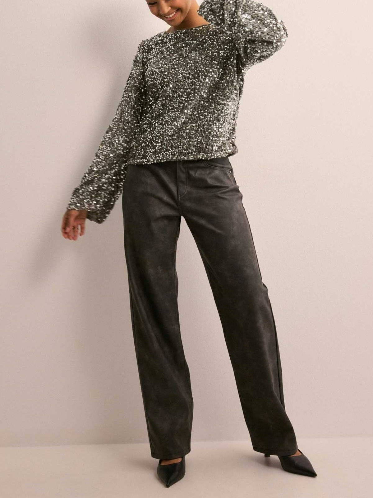 Women's grey sequin long sleeve top with cutout back and ribbon tie - photo 3