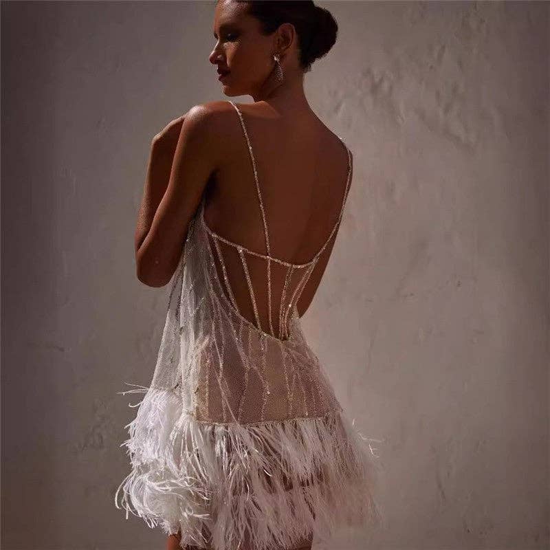 Women's white sequin tassel halter backless bodycon mini dress – styled view