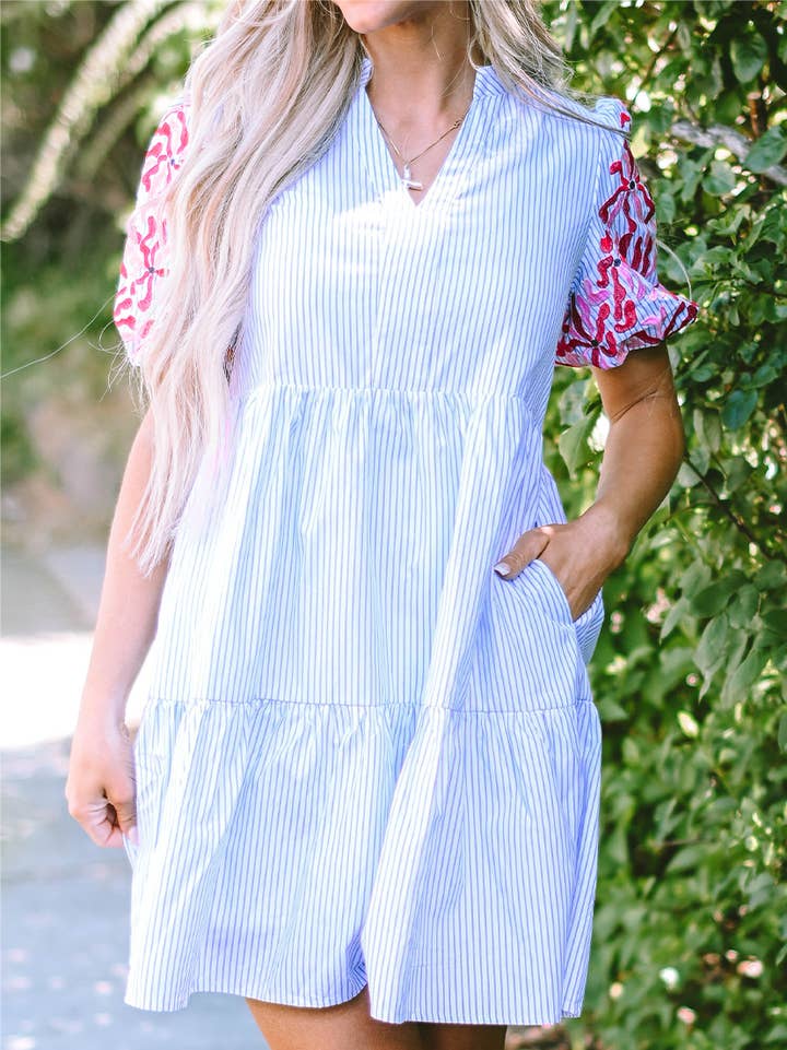 Women's Sky Blue Striped Floral Puff-Sleeve Tiered Mini Dress - front view