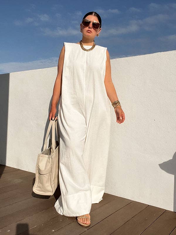 Women's sleeveless cotton wide-leg jumpsuit in black, white, gray, green or yellow – alternate view