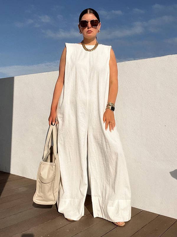 Women's sleeveless cotton wide-leg jumpsuit in black, white, gray, green or yellow – styled view