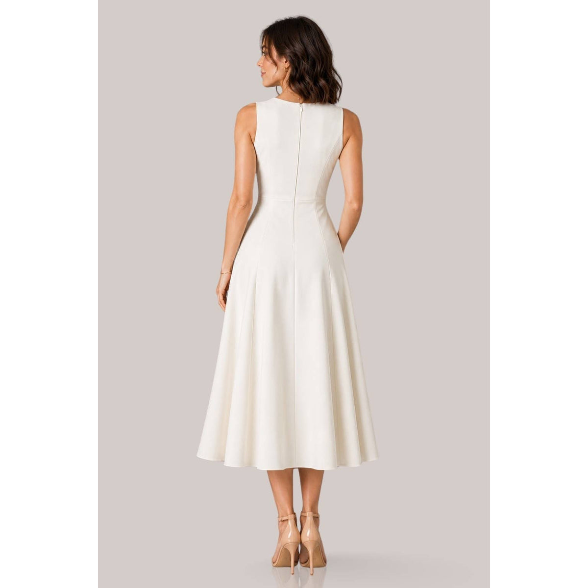 Women's ivory sleeveless minimalist A-line midi dress – view 4