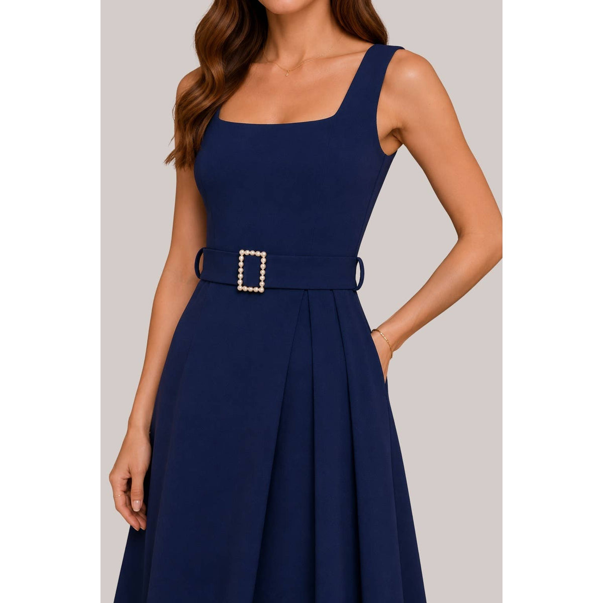 Women's navy square neck belted pleated A-line midi dress