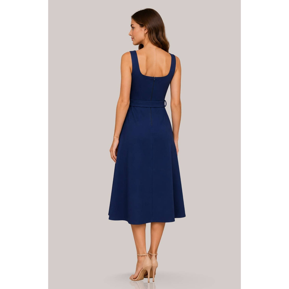 Women's navy square neck belted pleated A-line midi dress