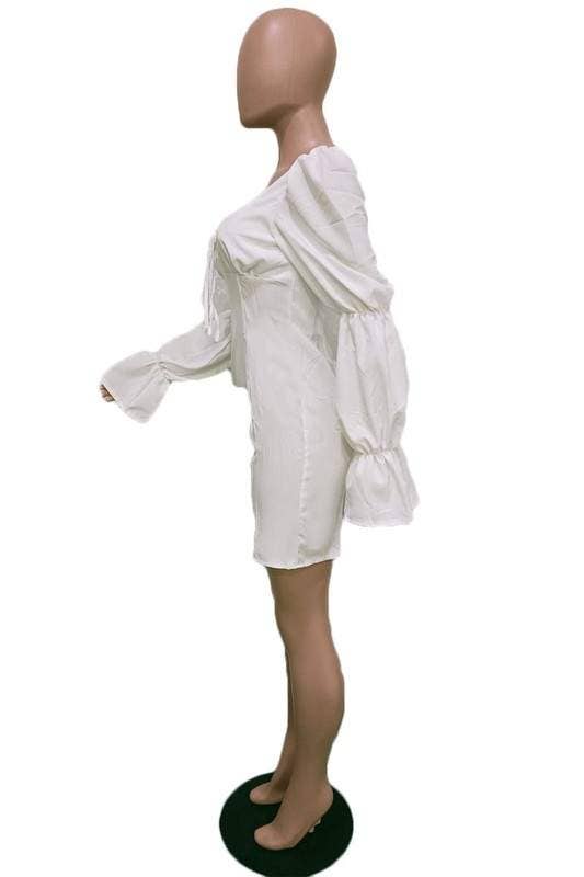 Women's red puff long sleeve mini dress detail