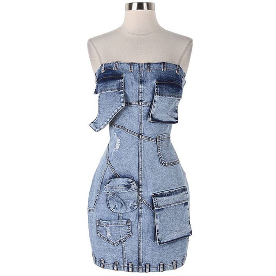 Women's blue denim strapless tube bodycon mini dress with pockets – photo 1