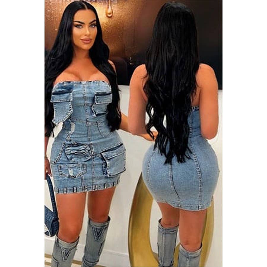 Women's blue denim strapless tube bodycon mini dress with pockets – photo 2