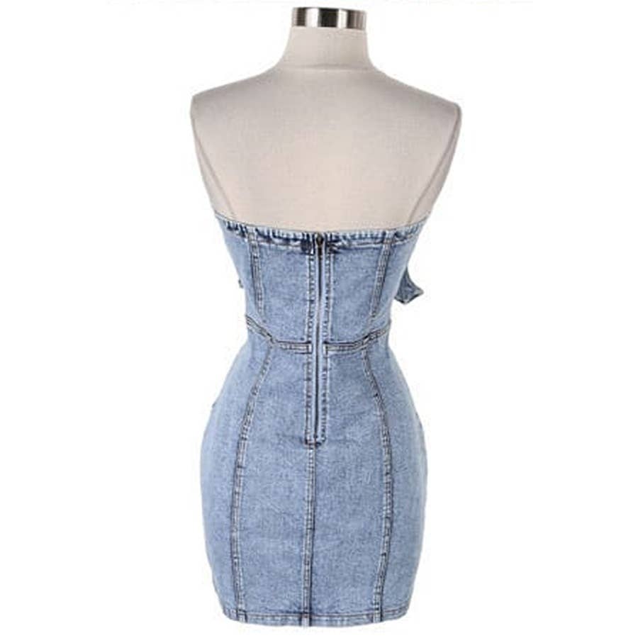 Women's blue denim strapless tube bodycon mini dress with pockets – photo 3