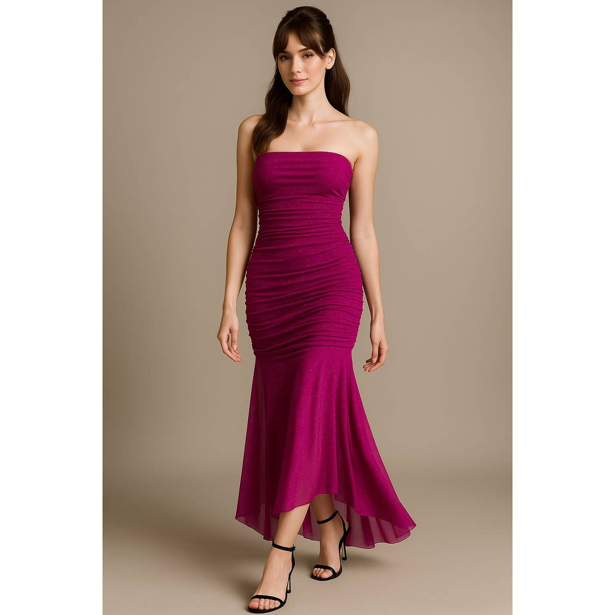 Women's magenta strapless glitter ruched mermaid maxi dress