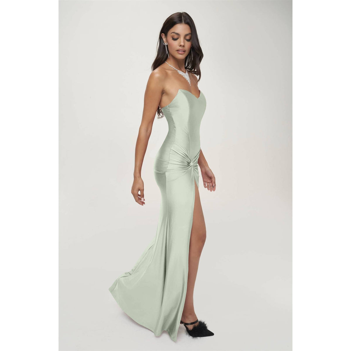 Women's sage strapless satin side twist corset maxi dress – view 2