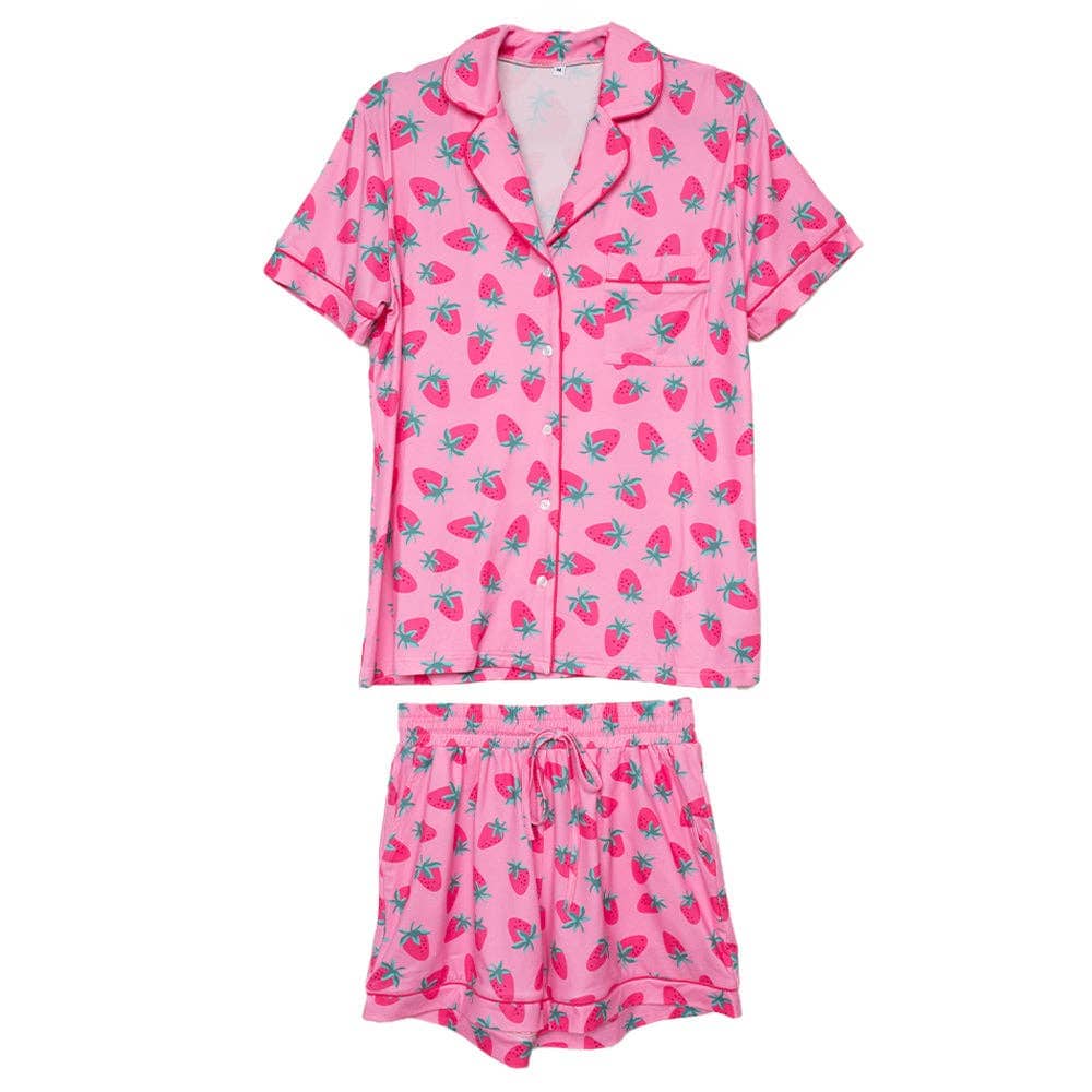 Women's pink strawberry print matching pajama set