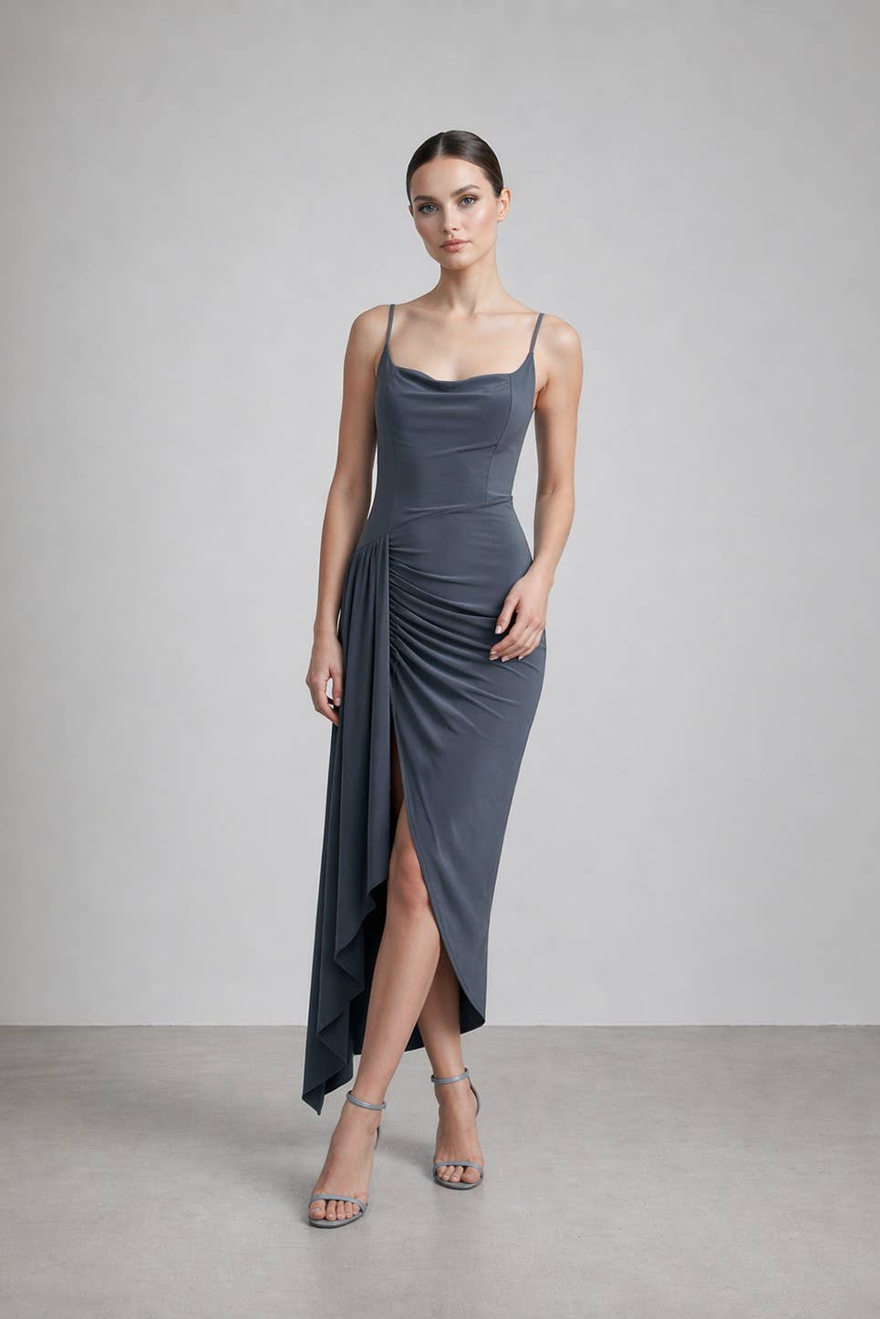 Women's black stretch bodycon slit midi dress