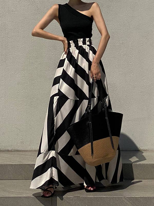 Women's black contrast striped one-shoulder wrap top and maxi skirt set – view 3