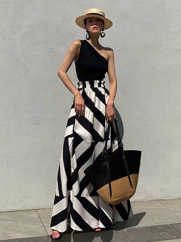Women's black contrast striped one-shoulder wrap top and maxi skirt set – view 4