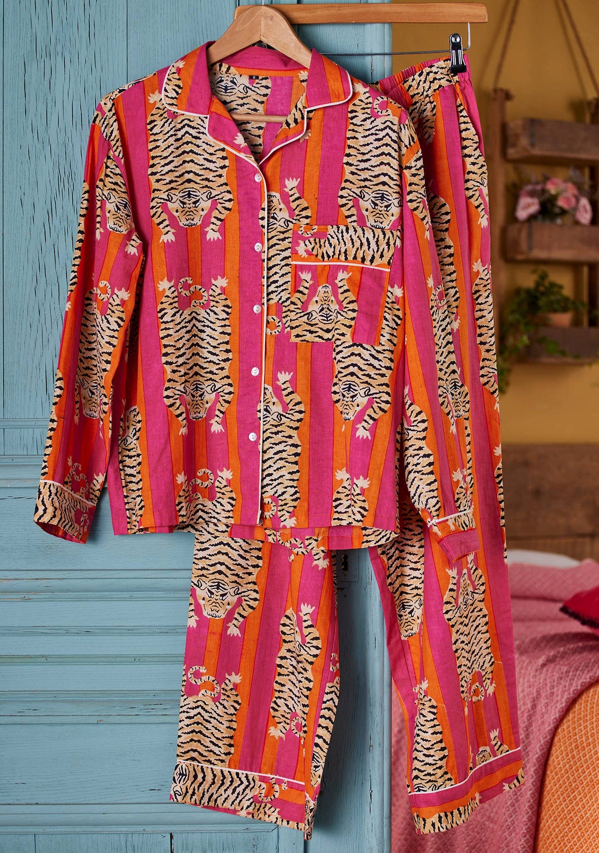 Women's orange and pink tiger stripe cotton pajama set