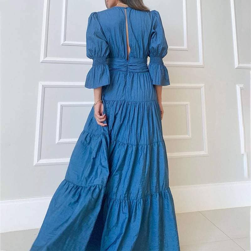 Women's red V-neck puff sleeve draped floor-length maxi dress with elastic waist