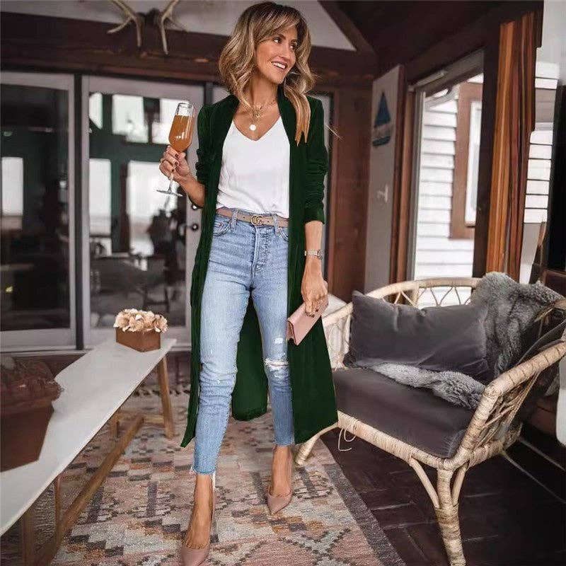 Women's black velvet lapel longline cardigan coat – styled view