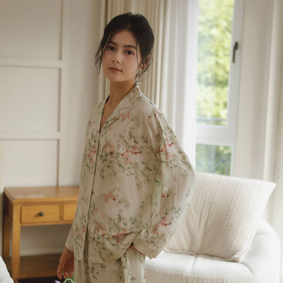 Women's beige rose watercolor floral long sleeve pajama set – view 4