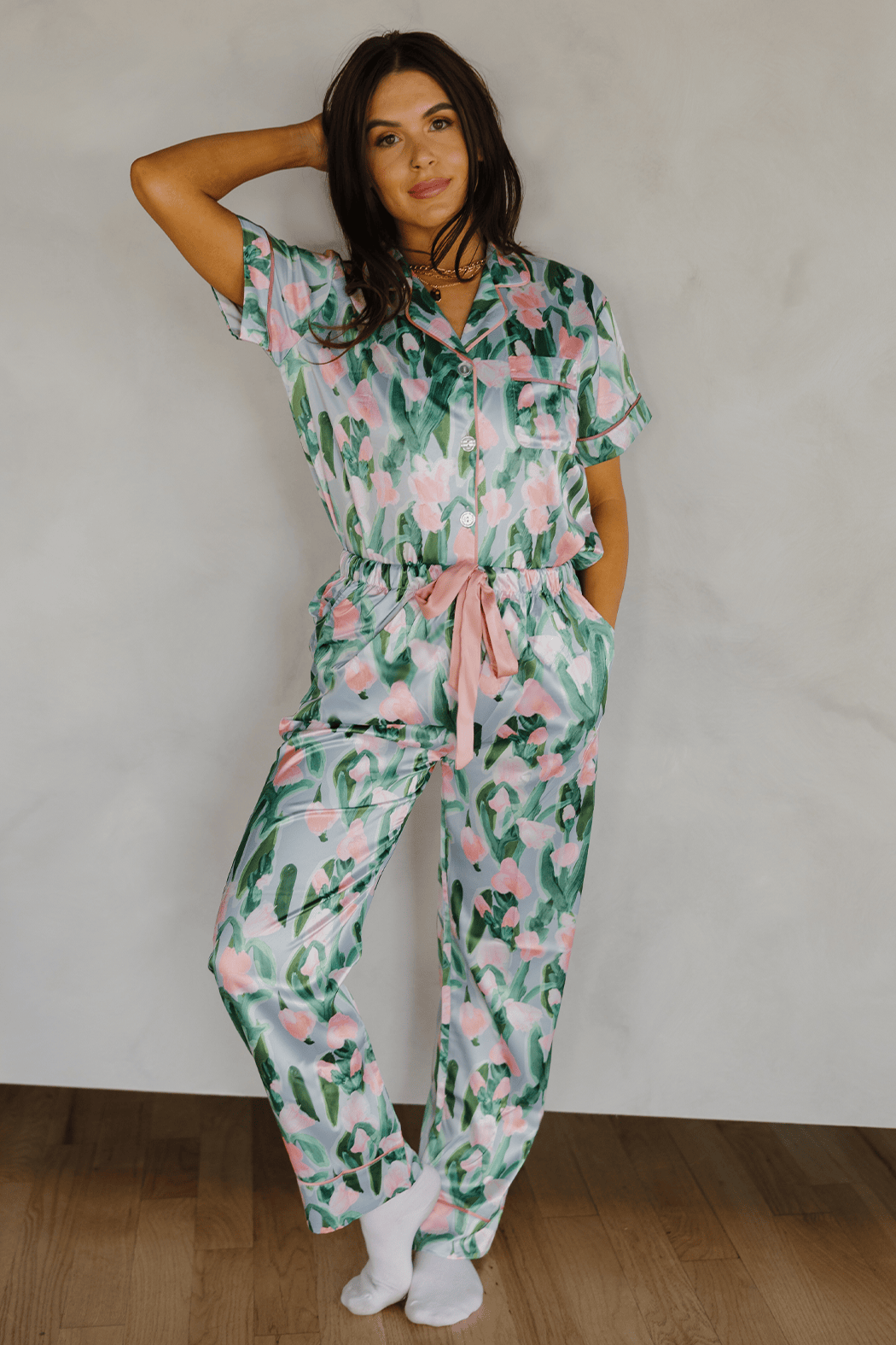 Women's pink watercolor tulip satin pajama set