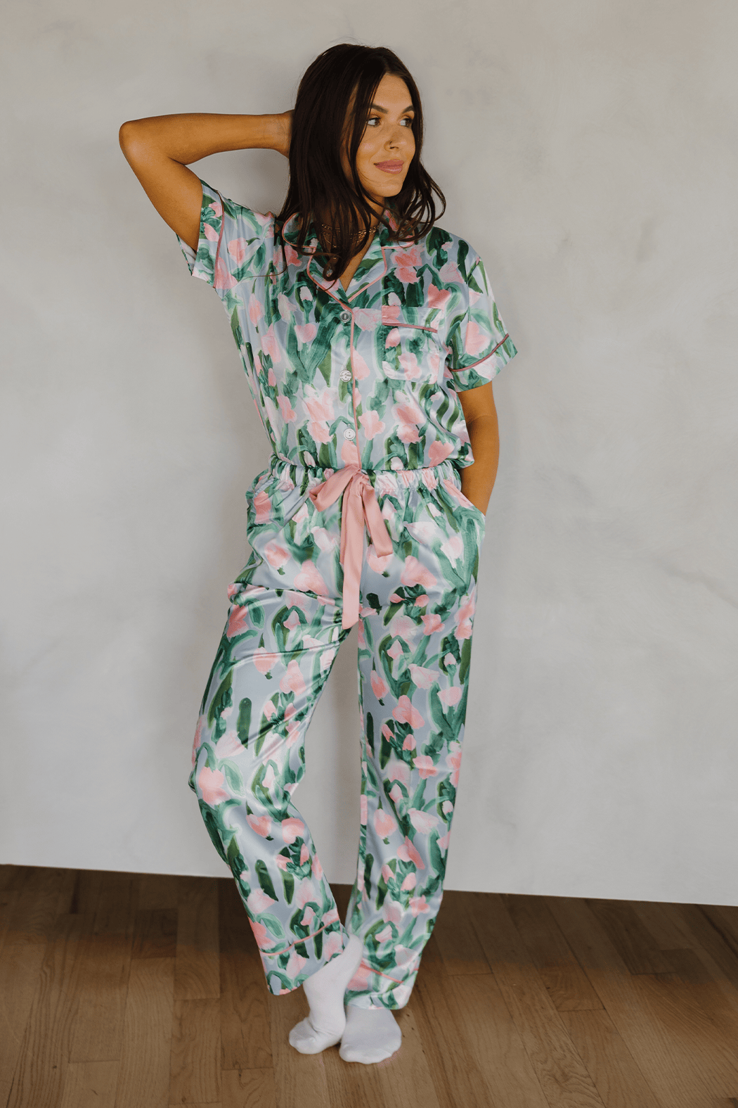 Women's pink watercolor tulip satin pajama set – view 3