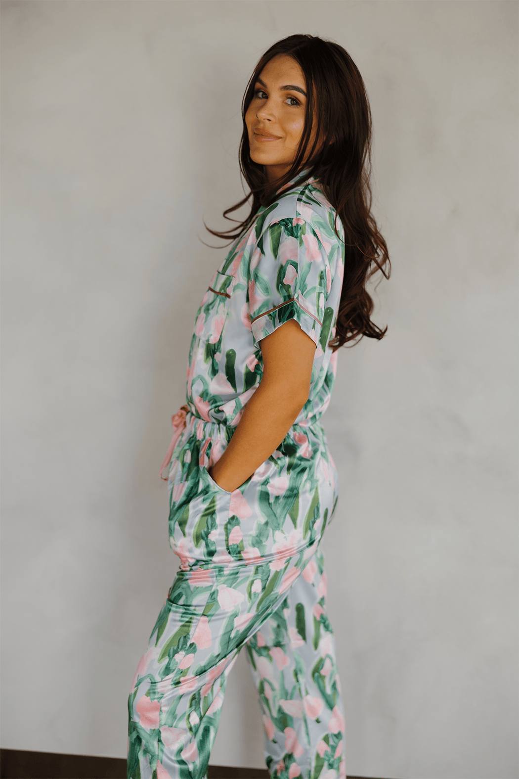 Women's pink watercolor tulip satin pajama set – view 4