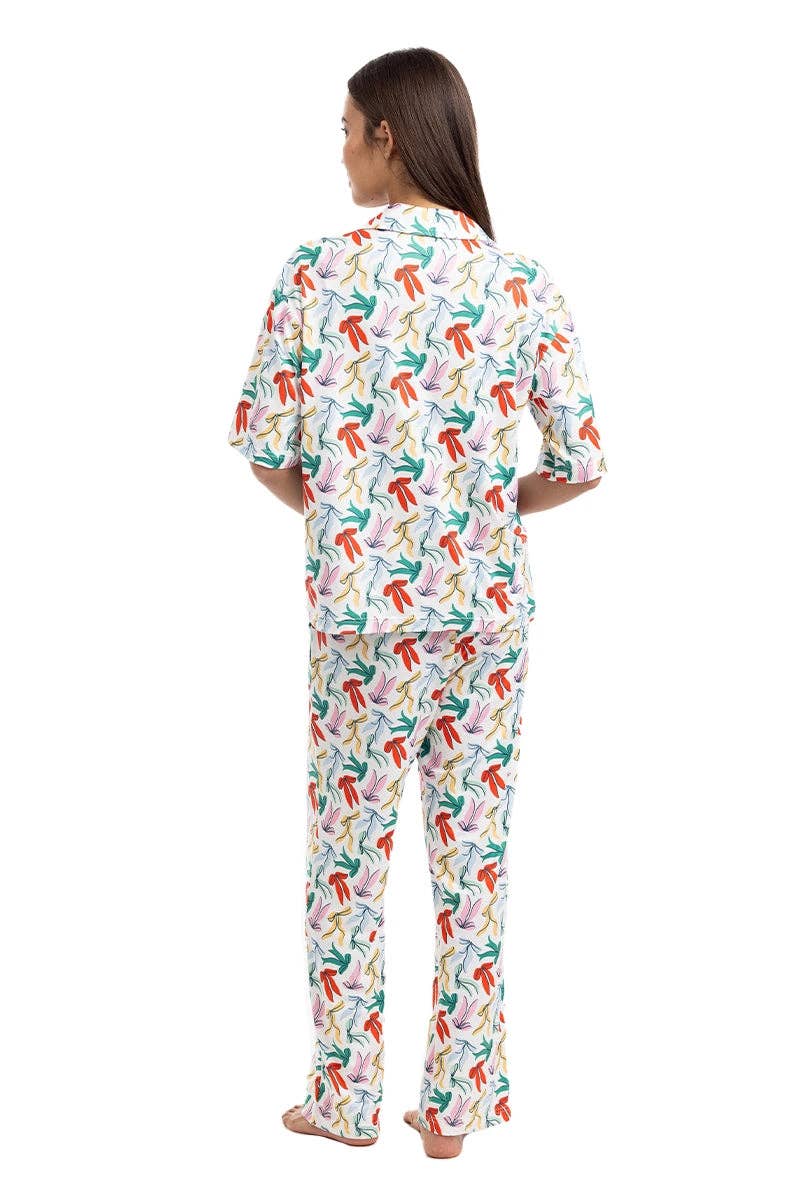 Women's white whimsical bow print matching pajama set – view 3