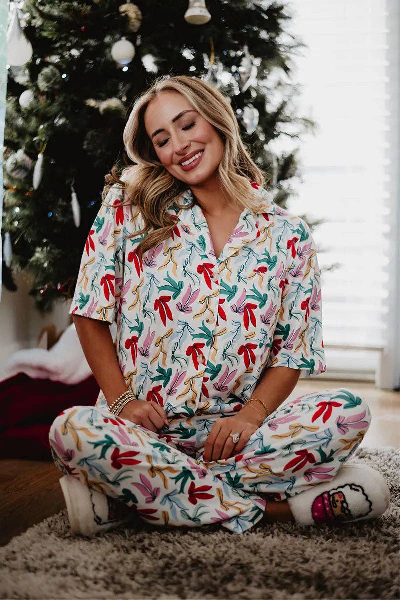 Women's white whimsical bow print matching pajama set – view 4