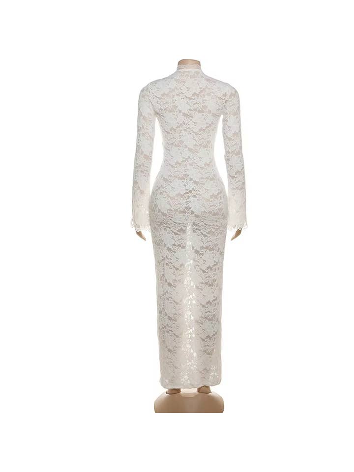 Women's White Lace Cross-Tie Long Sleeve Maxi Dress - view 3