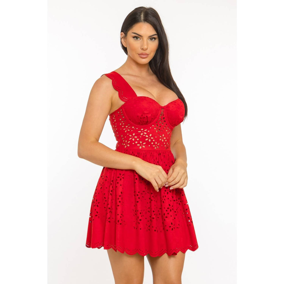 Women's red floral pleated mini dress with wide straps and bustier bodice – photo 4