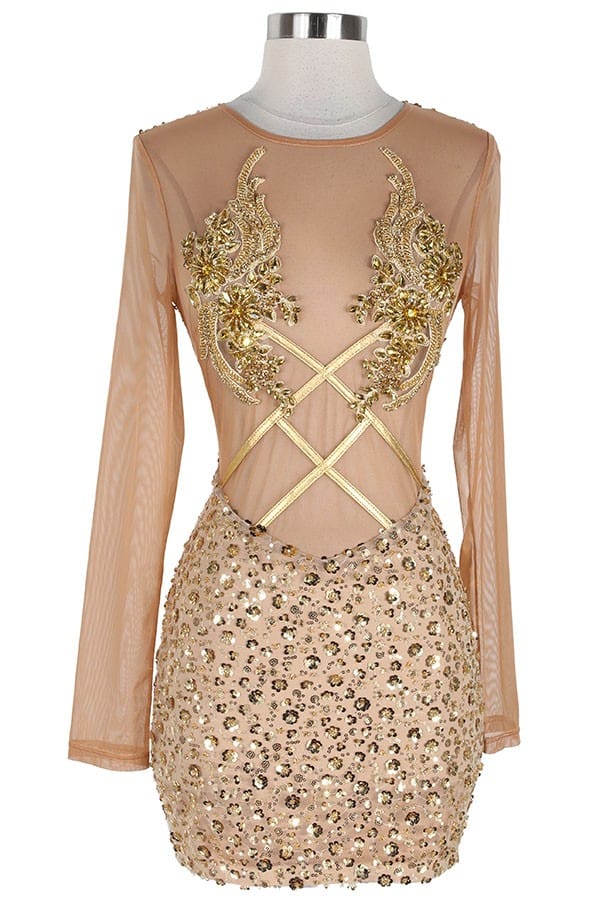 Gold sequin long sleeve mini dress new years eve outfit