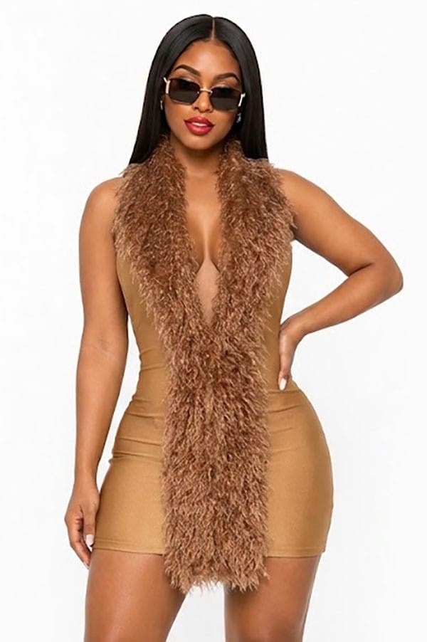 Gold fur dress with faux fur trim plunge V-neckline, sleeveless mini style