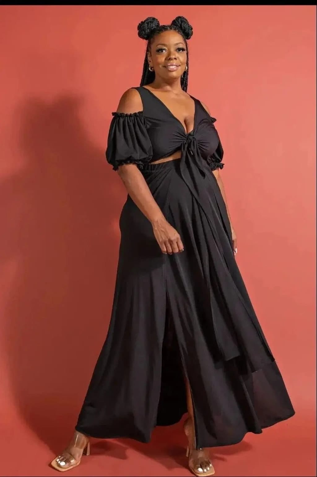 Black surplice top and long maxi skirt set