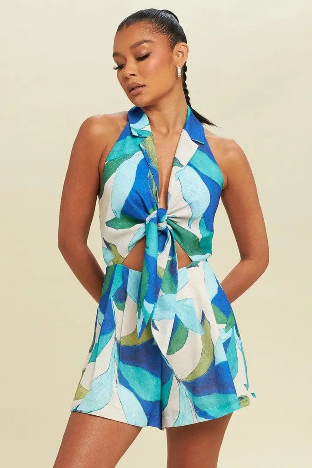 Blue tie-front romper Memorial Day weekend outfit