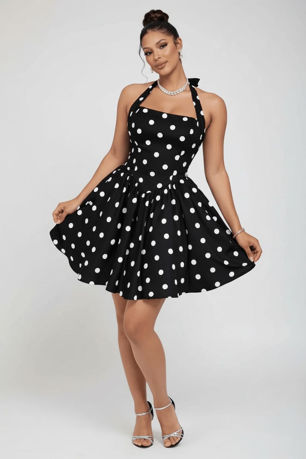 Polka dot halter and strap mini dress with flared skirt